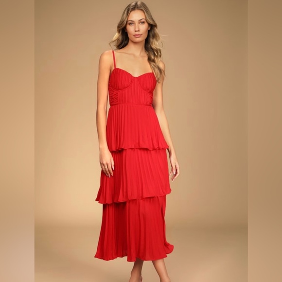 Lulu’s Cascading Crush Red Tiered Midi Dress - M - Picture 1 of 9